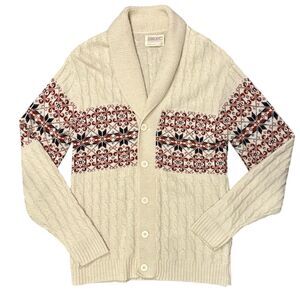 Vintage Lord Jeff Sweater Sz Large Cream Fair Isle Nordic Cardigan USA 80s Knit